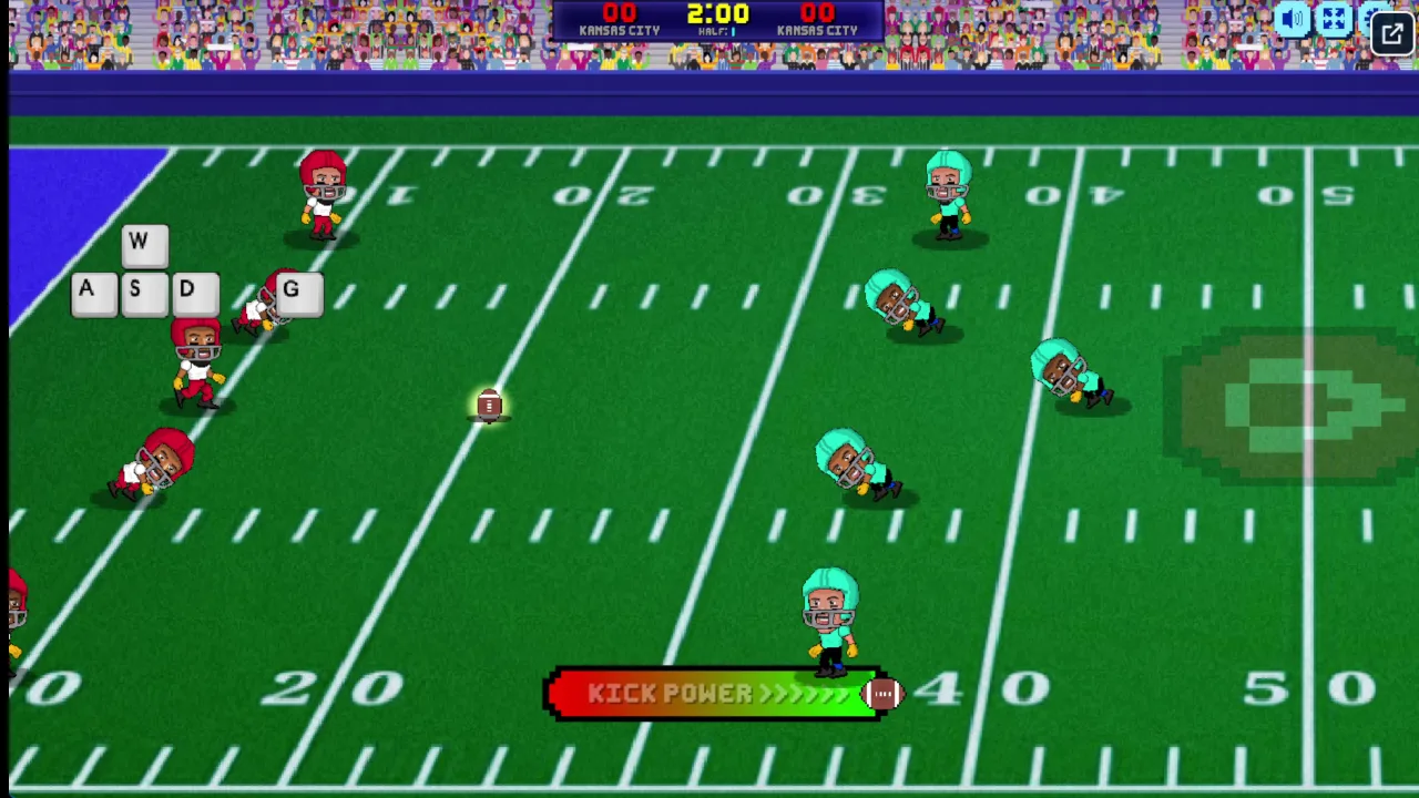 The on-screen overlay shows W, A, S, D and G keys, and G is listed as the pass, dive, or stiff arm key in 2-player mode.