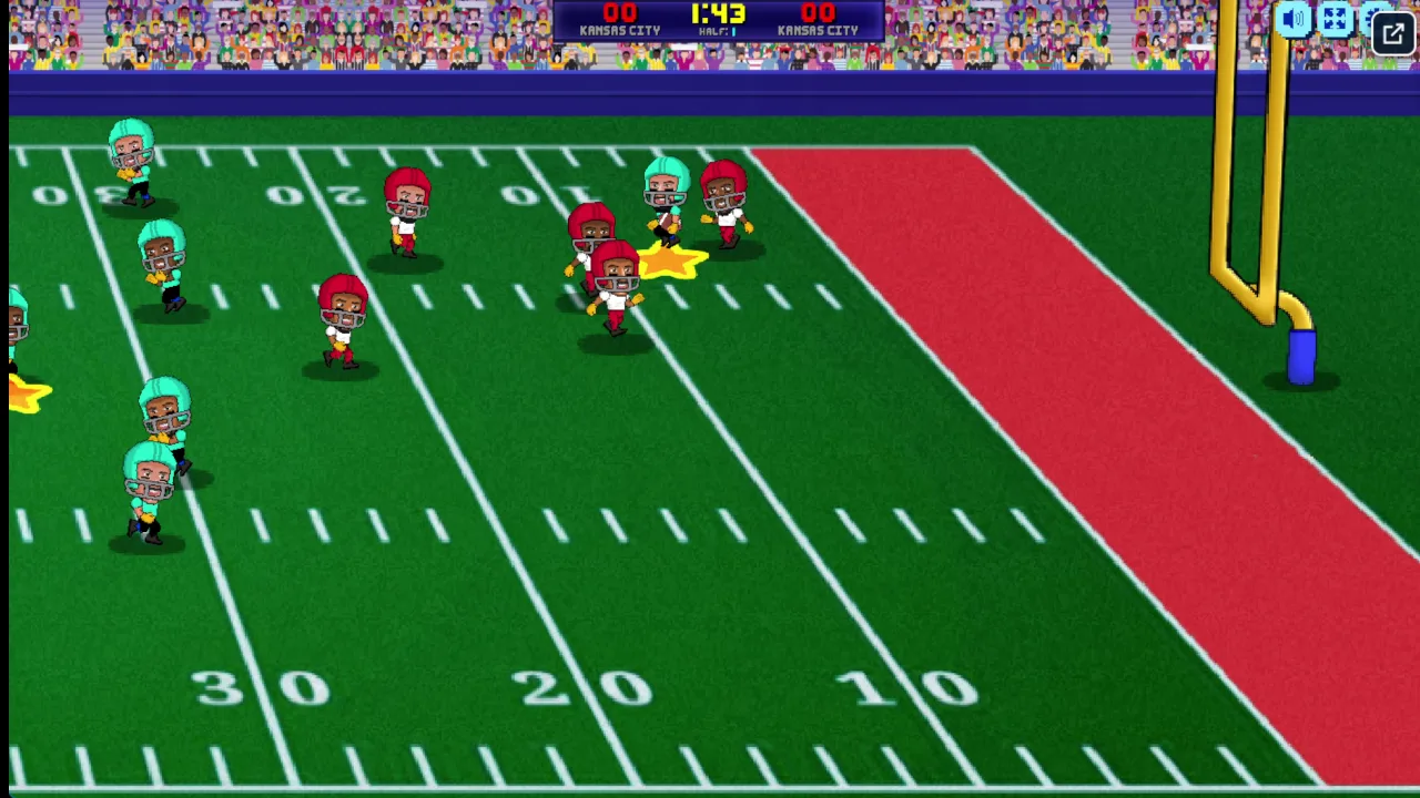 The top scoreboard shows 00 for both sides, a 1:43 timer, and the HALF 1 label.