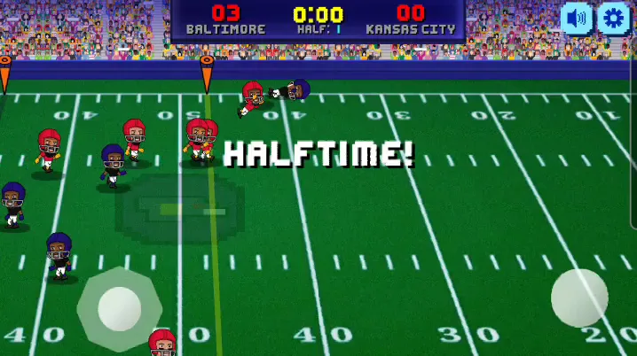 The HALFTIME banner sits over the field, and the scoreboard shows Baltimore at 03 and Kansas City at 00 in Half 1.