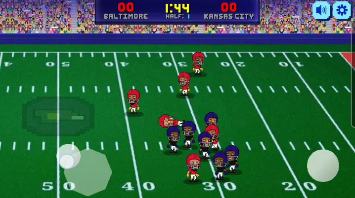 The translucent control at the bottom left moves the player, while the round button at the bottom right is used for passing, diving, or stiff-arming.